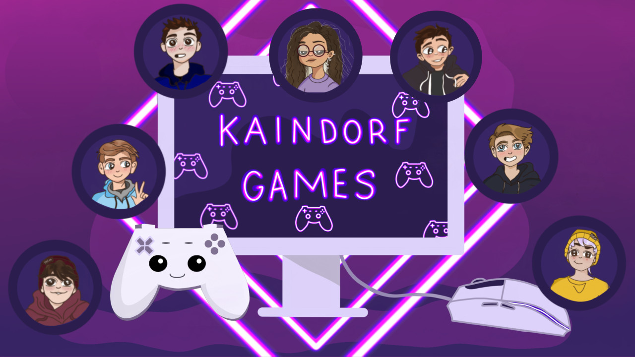 Das Kaindorf Games Team illustriert vor einem Monitor und Maus mit dem Maskottchen Eddi